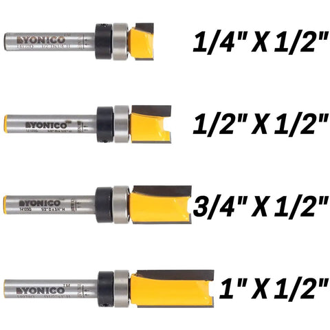 Pro Grade Four Piece Flush Trim Router Bit Set Half Inch Diameter Quarter Inch Shank One Quarter To One Inch Cut Lengths showing four bits.