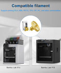 Gold DLC Slant Gear Kit Brass Extruder Gear for Bambu Lab P1P P1S X1C X1E 3D Printers next to images of compatible printers