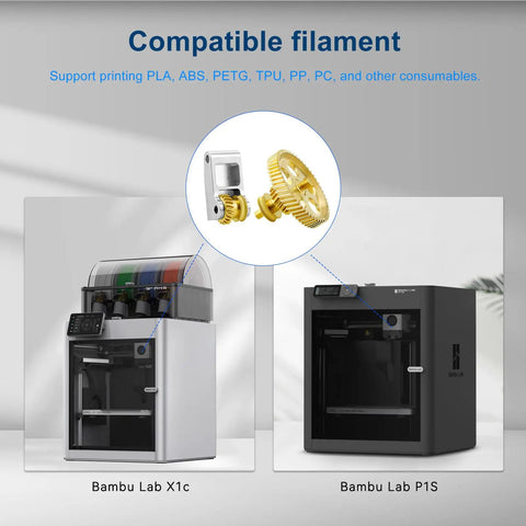 Gold DLC Slant Gear Kit Brass Extruder Gear for Bambu Lab P1P P1S X1C X1E 3D Printers next to images of compatible printers