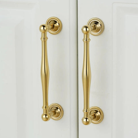 Premium Solid Brass Cabinet Pulls 5 Pack With 5 Inch Center Hole Gold Drawer Handles For Kitchen Cupboard Furniture And Bathroom Fixtures bringing an elegant touch on white cabinets.