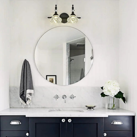 2 Light Dope Vintage Crystal Vanity Lights Wall Sconces in Black Painted Finish with Thick Crystal Glass Shades in bathroom