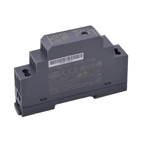Ultra Slim DIN Rail Power Supply 24V 15W Compact Cabinet Adapter gray unit with labels, designed for tight spaces and smart home upgrades.