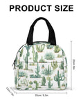 Insulated Lunch Bag For Women And Men Portable Lunch Tote with cactus design and eco friendly lining, shown with size dimensions