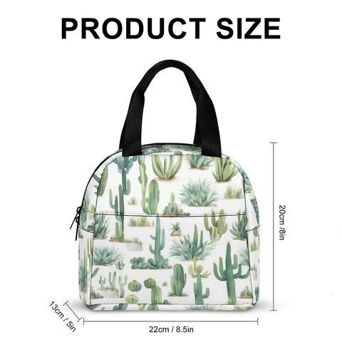 Insulated Lunch Bag For Women And Men Portable Lunch Tote with cactus design and eco friendly lining, shown with size dimensions