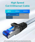 Close-up of Cat8 Ethernet Cable 50 Ft Nylon Braided Shielded SFTP Patch Cord for Turbo Fast Network 40Gbps and 2000MHz Bandwidth