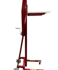 Easy Roll Manual Winch Stacker Work Positioner Lift Truck with heavy duty steel frame and poly casters, side view.