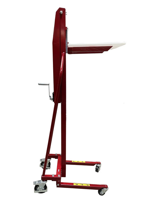 Easy Roll Manual Winch Stacker Work Positioner Lift Truck with heavy duty steel frame and poly casters, side view.