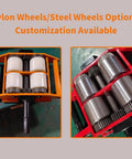 Big League Hand Cranked Machine Skate Dolly showing nylon and steel wheel options for heavy moves and customization.