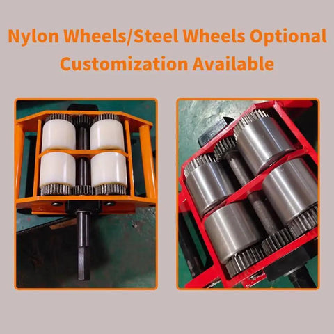 Big League Hand Cranked Machine Skate Dolly showing nylon and steel wheel options for heavy moves and customization.