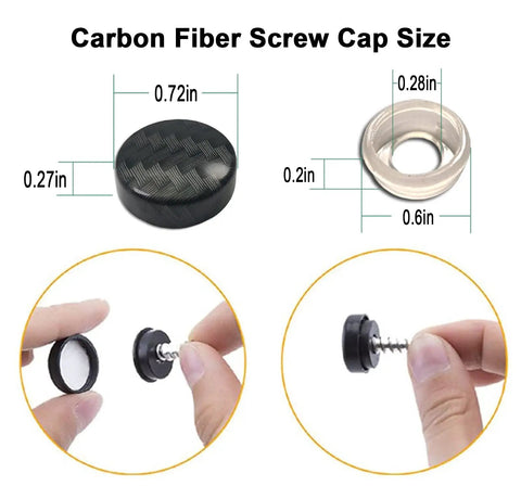 Dope Black Carbon Fiber License Plate Screw Caps And Fasteners Featuring sturdy heavy duty locking bolts size measurement image.