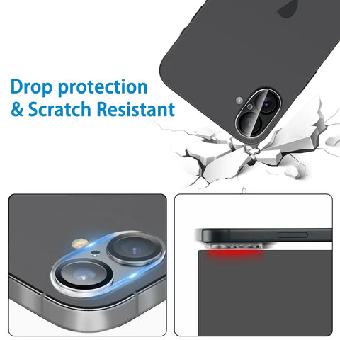 Camera Lens Protector 3 Pack for iPhone 16 6.1 Inch and iPhone 16 Plus 6.7 Inch Tempered Glass showing drop and scratch protection.