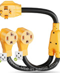 NEMA 14-30P To 2X 14-30R Dryer Splitter Y Adapter Cord For Modern Four Prong Outlets With Level 2 EV Charger Hookup, yellow dual outlet.
