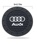 Black silicone car cup holder coaster, 2.75-inch, for recessed cupholders, featuring Audi logo, part of a 2-pack, scratch resistant and easy clean.