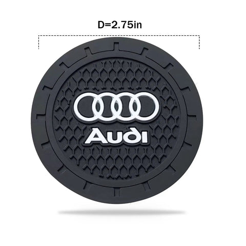 Black silicone car cup holder coaster, 2.75-inch, for recessed cupholders, featuring Audi logo, part of a 2-pack, scratch resistant and easy clean.