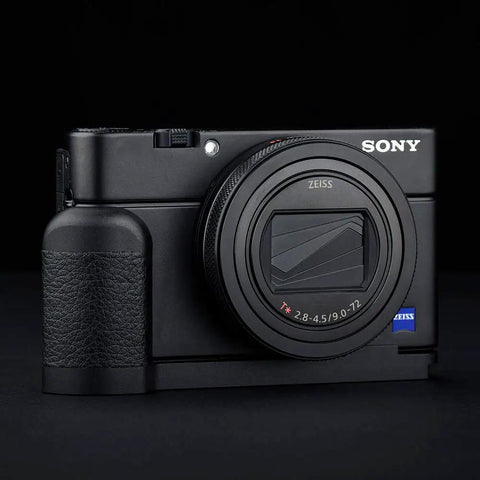 Beefy Metal Hand Grip L Bracket For RX100 VII Camera Anti Slip Accessory shown attached to RX100 VII camera.