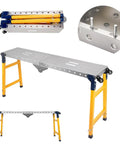 Super Heavy Duty Foldable Welding Table Workbench With 65 By 12 Inch Galvanized Steel Top showing folding mechanism and sturdy frame.