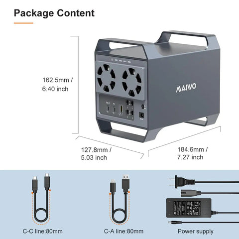 Heavy Duty Four Bay Hard Drive Enclosure With Usb C And Ten Gbps Speed For 3.5 Inch Sata Drives packed with power supply and cables.