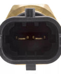 Engine coolant temperature sensor with brass body and black 3-pin connector, front view