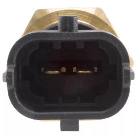 Engine coolant temperature sensor with brass body and black 3-pin connector, front view