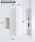 Square Outdoor Wall Light Fixture For Porch And Front Door Modern Exterior Sconce Lighting No Sensor Waterproof Up And Down Exterior Light For Garage White Sanded Finish 2 Pack with dimensions and bulb type info