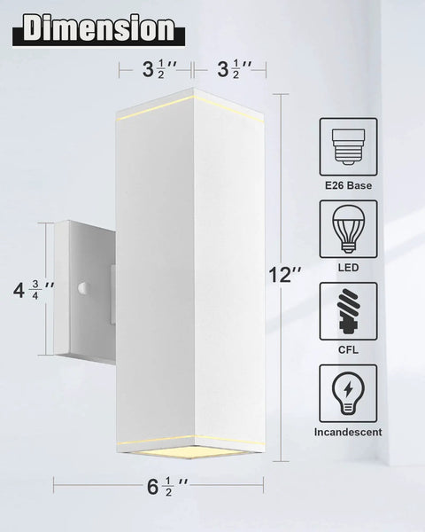 Square Outdoor Wall Light Fixture For Porch And Front Door Modern Exterior Sconce Lighting No Sensor Waterproof Up And Down Exterior Light For Garage White Sanded Finish 2 Pack with dimensions and bulb type info