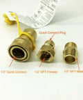 Solid Brass Half Inch Gas Quick Connect Kit With Female Insert Plug And Half Inch Male NPT Fittings For Natural Gas Or Propane Hookups On Grills And Outdoor Appliances Easy Quick Disconnect Adapter components, including 1/2 inch quick connect, female and male NPT fittings, on white background.