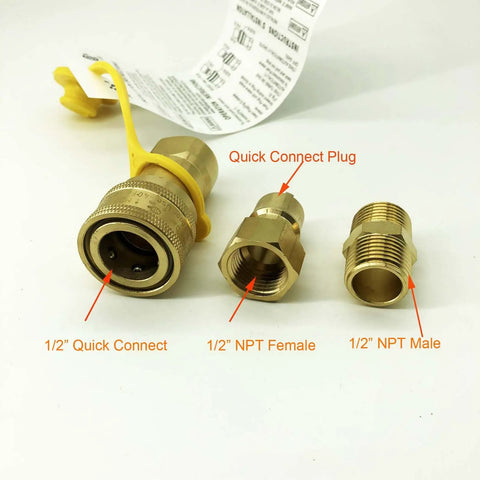 Solid Brass Half Inch Gas Quick Connect Kit With Female Insert Plug And Half Inch Male NPT Fittings For Natural Gas Or Propane Hookups On Grills And Outdoor Appliances Easy Quick Disconnect Adapter components, including 1/2 inch quick connect, female and male NPT fittings, on white background.