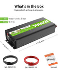 Pure Sine Wave Power Inverter 12V DC To 120V AC, 1000W Continuous, size 11.42 x 5.12 x 2.56 inch, with cables and manual