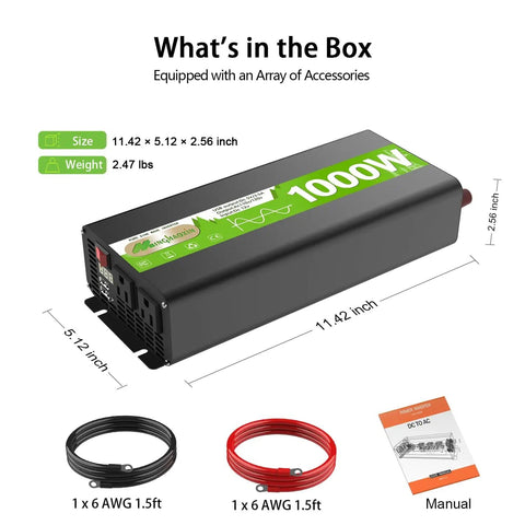 Pure Sine Wave Power Inverter 12V DC To 120V AC, 1000W Continuous, size 11.42 x 5.12 x 2.56 inch, with cables and manual