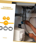 Plumber using Hardcore Pipe Threader Kit for plumbing projects under a kitchen sink, showing tools and installation process.