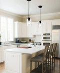 Modern Black Farmhouse Clear Glass Cylinder Pendant Lights Dual Pack For Kitchen Island, 4.75 Inch Shade, 58 Inch Cord