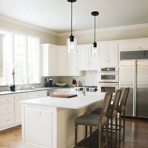 Dimmable Black Farmhouse Glass Cylinder Pendant Light for Kitchen Island Clear Glass Mini Pendant Fixture in modern kitchen