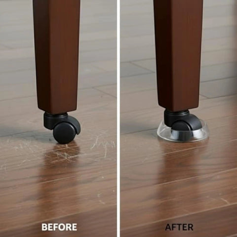 Before and after using Round Reusable Furniture Caster Cups For Couches Chairs And Tables On Carpet Or Hard Floors With Vinyl Base