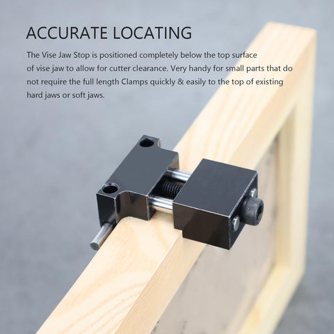 Alloy Steel Milling Vise Jaw Stop For CNC Machines attached to a wooden vise jaw showcasing precise positioning and cutter clearance