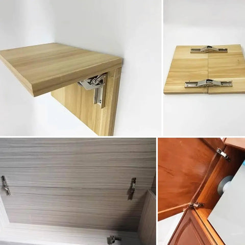 Rock Solid Nickel Plated Hidden Hinges For Cabinet Doors And Shelves Built Tough As Nails With Smooth Swing Operation Easy No Drill Install Heavy Duty Furniture Hardware 10 Pack installed on wooden shelves.