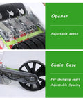 Metal Precision Garden Push Seeder With Five Row Capacity Walk Behind Cultivator showing opener and chain case features