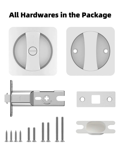 Complete hardware set of Brushed Nickel Pocket Door Lock and Latch, Contemporary Privacy Lock for Bathroom and Bedroom