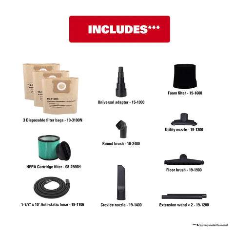 Included accessories for Dual-Mode Wet Dry Vacuum With Auto Tool Activation, 8 Gallon Workhorse, HEPA filter, and anti-static hose