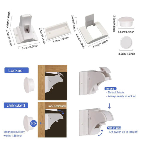 Diagram showing "Powerful Magnetic Cabinet Locks For Baby Proofing With No Drill Adhesive Install, 10 Locks And 2 Keys"