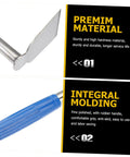 Close-up of Stainless Steel Gardening Hoe With Anti Skid Rubber Grip Lightweight Yet Sturdy Hand Tool For Quick Weeding, showcasing details of the blade and blue grip handle.