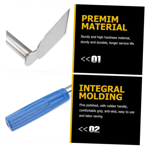 Close-up of Stainless Steel Gardening Hoe With Anti Skid Rubber Grip Lightweight Yet Sturdy Hand Tool For Quick Weeding, showcasing details of the blade and blue grip handle.