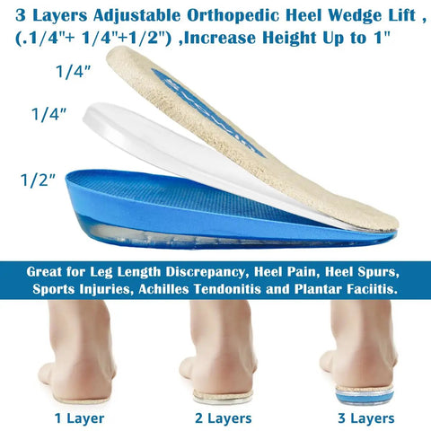 Three Layer Adjustable Orthopedic Heel Wedge Lift for leg length discrepancies, height increase insoles, small beige, side view.
