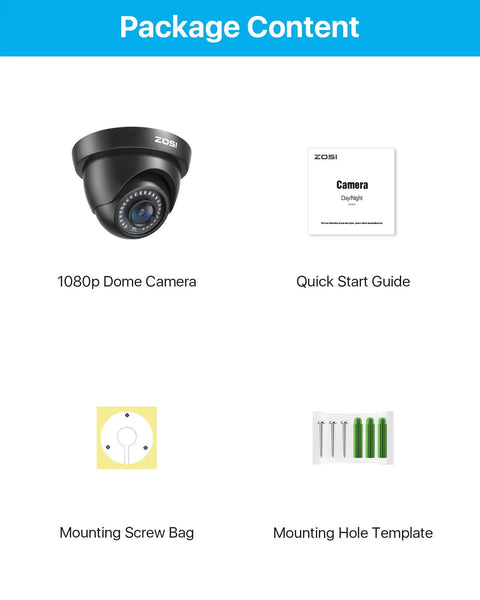 Package contents showing 1080p FHD Dome Security Camera For Indoor Outdoor Use, Quick Start Guide, screws, and mounting template
