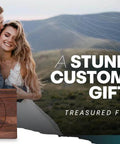 Personalized wood cutting board with circular engraving, brown wood tone, shown beside couple in mountain wedding scene
