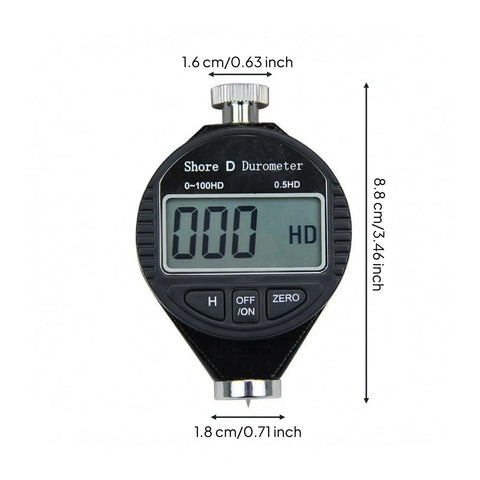Built Tough Digital Durometer Shore Hardness Tester D Type Portable Handheld Gauge for precise material checking showing dimensions.