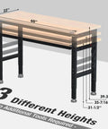 60 Inch Adjustable Workbench With Rubber Wood Top Heavy Duty Workstation 2000 Lbs Load Capacity Hardwood Work Table With Power Outlets For Garage And Workshop showing height adjustments.
