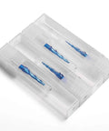 Genmitsu four-piece blue-coated tungsten carbide 2-flute tapered ball-nose end mills with 1/8" shank in clear plastic case