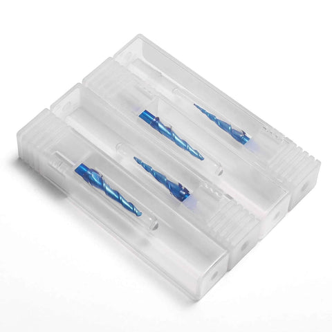 Genmitsu four-piece blue-coated tungsten carbide 2-flute tapered ball-nose end mills with 1/8" shank in clear plastic case