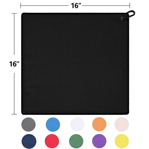 Two Black Microfiber Waffle Golf Towels With Retractable Club Brush, square 16x16 inch towel with hook, color options shown.