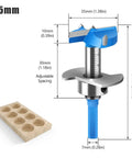 Hinge hole opener drill bit, 35mm, blue handle, adjustable spacing for woodworking